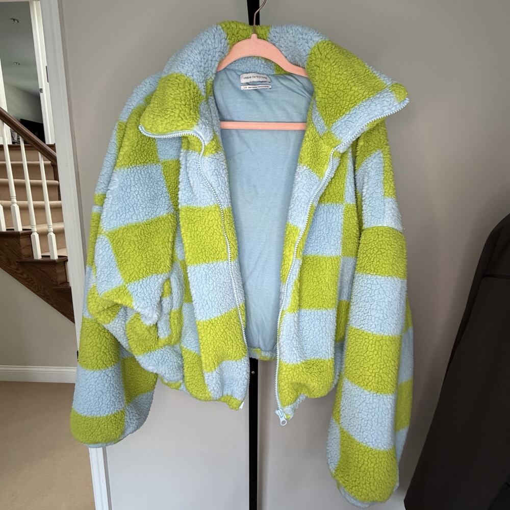 Urban Outfitters Cloud Plush Teddy Jacket Checked Zip Up Large - Picture 7 of 12